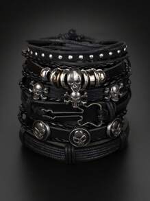 6 bucăți/set stil punk craniu gotic decor în formă de chitară accente metalice brățară cu mai multe straturi din piele PU, potrivită pentru bărbați ținute zilnice și Halloween