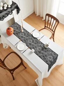 1pc Black Spiderweb Lace Table Runner, Square Black Polyester Halloween Atmosphere Table Scarf, Suitable For Halloween Party And Home Holiday Decor Halloween Party
