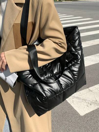  大容量空间单肩托特包，简约优雅的黑色格子缝线，适合通勤、上学、旅行、妈咪包和孕妇包学校背包、书包、大容量、便携、商务休闲，适合少女女大学生、新秀和白领，非常适合返校、小学、工作、商务、通勤