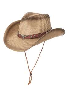 男女通用棕色喷漆草编防晒西部牛仔帽适合户外休闲场合万圣节