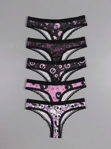 Dircho 5 piezas de sexys y lindos tangas góticos de encaje con contrastes, ropa interior y lencería de mujer cómoda y sedosa con estampado por todo el diseño de ojos, calaveras y estrellas en colores rosa, rojo y negro para Halloween