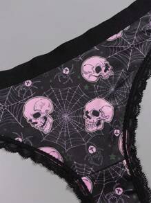 Dircho 5 piezas de sexys y lindos tangas góticos de encaje con contrastes, ropa interior y lencería de mujer cómoda y sedosa con estampado por todo el diseño de ojos, calaveras y estrellas en colores rosa, rojo y negro para Halloween