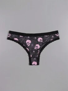 Dircho 5 piezas de sexys y lindos tangas góticos de encaje con contrastes, ropa interior y lencería de mujer cómoda y sedosa con estampado por todo el diseño de ojos, calaveras y estrellas en colores rosa, rojo y negro para Halloween
