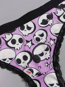 Dircho 5 piezas de sexys y lindos tangas góticos de encaje con contrastes, ropa interior y lencería de mujer cómoda y sedosa con estampado por todo el diseño de ojos, calaveras y estrellas en colores rosa, rojo y negro para Halloween