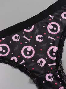 Dircho 5 piezas de sexys y lindos tangas góticos de encaje con contrastes, ropa interior y lencería de mujer cómoda y sedosa con estampado por todo el diseño de ojos, calaveras y estrellas en colores rosa, rojo y negro para Halloween