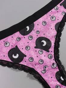Dircho 5 piezas de sexys y lindos tangas góticos de encaje con contrastes, ropa interior y lencería de mujer cómoda y sedosa con estampado por todo el diseño de ojos, calaveras y estrellas en colores rosa, rojo y negro para Halloween