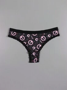 Dircho 5 piezas de sexys y lindos tangas góticos de encaje con contrastes, ropa interior y lencería de mujer cómoda y sedosa con estampado por todo el diseño de ojos, calaveras y estrellas en colores rosa, rojo y negro para Halloween
