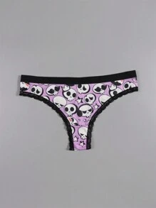 Dircho 5 piezas de sexys y lindos tangas góticos de encaje con contrastes, ropa interior y lencería de mujer cómoda y sedosa con estampado por todo el diseño de ojos, calaveras y estrellas en colores rosa, rojo y negro para Halloween