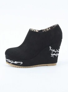 Thick-Sole Platform Zipper Suede Embroidered Velvet Short Boots For Women, Super High Heel, Waterproof, Comfortable, All-Match - Black - View 11