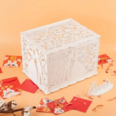 1 pieza Caja de tarjetas de boda, diseño hueco único con cerradura y ranuras para sobres, caja de madera vacía DIY para recepción de boda, aniversario, fiesta de cumpleaños, Navidad