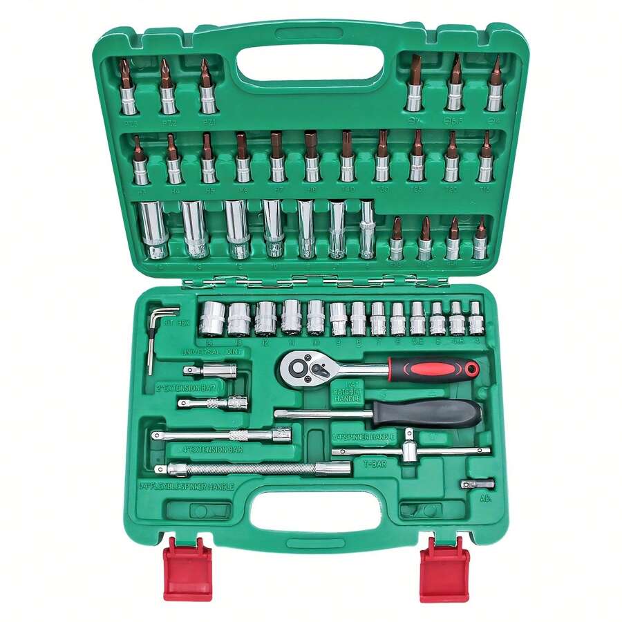 Socket Wrench Set, 53PCS 1/4 Inch 24 Tooth Ratcheting Wrench Set,SAE And Metric Hex Bit Socket Set, Ratchet Wrench Set With S2 & CR-V Sockets,Set For Automotive Repair And Home Use. - 53PCS - 查看 1