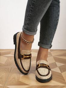 2025 Autumn Women's Round Toe Color Block Metal Buckle Flat Loafers Thick Sole Flat Brogues Shoes, For Spring & Fall - Khaki - View 5