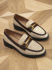 2025 Autumn Women's Round Toe Color Block Metal Buckle Flat Loafers Thick Sole Flat Brogues Shoes, For Spring & Fall - Khaki - View 7