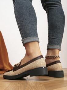 2025 Autumn Women's Round Toe Color Block Metal Buckle Flat Loafers Thick Sole Flat Brogues Shoes, For Spring & Fall - Khaki - View 6