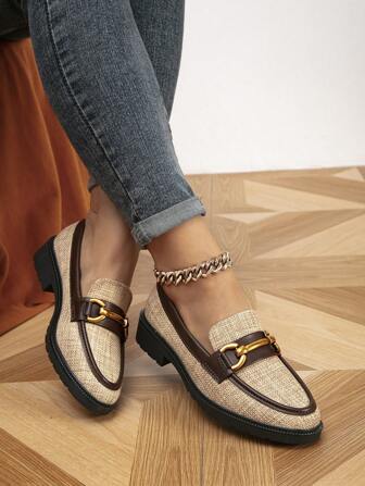 2025 Autumn Women's Round Toe Color Block Metal Buckle Flat Loafers Thick Sole Flat Brogues Shoes, For Spring & Fall