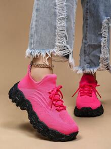 Women's Breathable Round Toe Slip-On Cushion Sneakers, Ladies' Casual Knitted Shoes - Đỏ - Xem 6