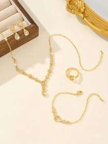 Juego de joyería de 5 piezas chapado en oro de 14K para mujeres, incluye collar, aretes, pulsera, anillo, diseño de gota, adecuado para novia, boda, fiesta, celebración, regalo para amigos