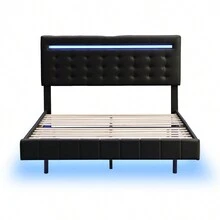 Full Size Floating Bed Frame With LED Lights And USB Charging,Modern Upholstered Platform LED Bed Frame,Black(Full) - màu đen - Xem 4