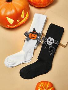 Conjunto de 2 meias-calças para bebês meninas com estampa de fantasmas para o Halloween.