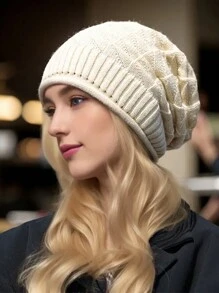 1pc Stretchy Knit Beanie Hat With Ribbed Brim, Soft, Fashionable And Warm Winter Cap For Women - 1pcs - View 3