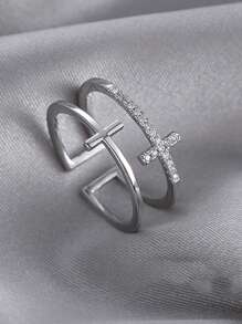 1pc Minimalist Layered Cross Crown Design Adjustable Open Ring, Unique & Versatile - Antique Silver - View 4