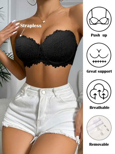 Czarny seksowny biustonosz push-up z koronką dla kobiet