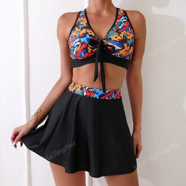 Nuevo traje de baño tipo bikini de estilo conservador, conjunto de bikini estampado para deportes de playa y actividades al aire libre, sostén y pantalones cortos de natación para vacaciones de verano