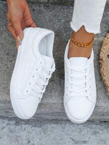 Plus Size Damskie Studenckie Modne Buty Do Jazdy Na Łyżwo, Wygodne Płaskie Sportowe Trampki, Nowe Białe Sznurowane Buty Szkolne, Płaskie Antypoślizgowe Casualowe Oddychające Duży Rozmiar