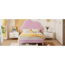 Twin Size Upholstered Cloud-Shape Bed ,Velvet Platform Bed With Headboard,No Box-Spring Needed,Pink
