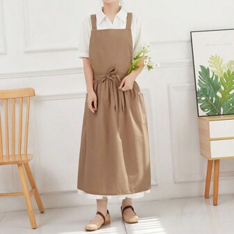 Spring/Summer Waterproof Japanese Style Kitchen Cooking Apron Smock Pinafore Dress For Women With Pockets