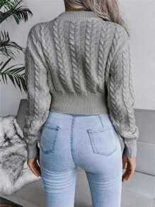 Women's Casual Crew Neck Twisted Waist Long Sleeve Cropped Knitted Sweater, Autumn Winter - 灰色 - 查看 2