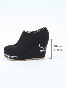 Thick-Sole Platform Zipper Suede Embroidered Velvet Short Boots For Women, Super High Heel, Waterproof, Comfortable, All-Match - Black - View 8