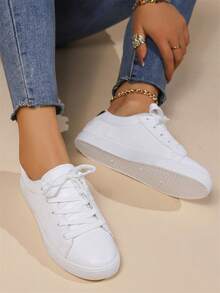 大码女式帆布运动鞋时尚平底滑板鞋新款白色系带校鞋平底防滑休闲透气大码 - 白色 - 查看 5