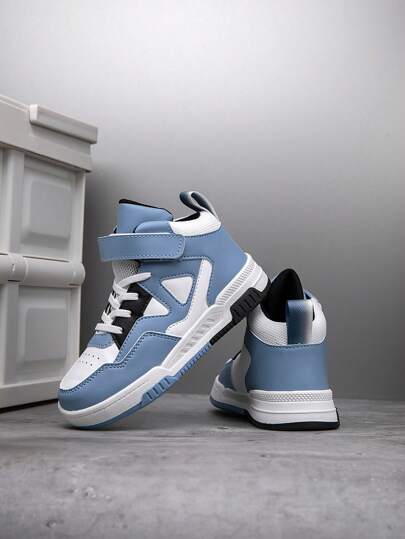 1pair Kids High-Top Sports Shoes, Skate Shoes For Indoor & Outdoor Casual Wear, With Hook-And-Loop Fastening, Easy To Wear, Lightweight Anti-Slip Durable, Color Patchwork, Christmas Element Design