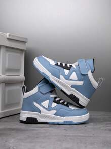 1 para dziecięcych butów sportowych z wysoką cholewką, buty do jazdy na deskorolce do noszenia na co dzień w pomieszczeniach i na zewnątrz, z zapięciem na rzep, łatwe do noszenia, lekkie, antypoślizgowe, trwałe, kolorowe, patchworkowe, element projektu świątecznego - Brudny niebieski - Zobacz 5