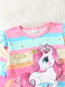 2 件套幼儿女孩彩色卡通飞马印花长袖上衣和条纹裤休闲装，春秋季 - 粉色 - 查看 4