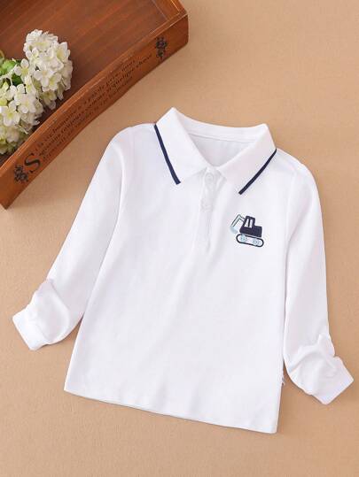 Young Boy Lapel Collar Preppy Style Long Sleeve Polo Shirt, Autumn