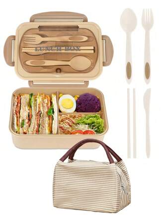 1pc 1200ml Adult Lunch Box With Bag, Leak-Proof Adult Bento Box, 3 Compartments, Microwave Safe, Includes Utensils, Adult Portable Lunch Container,Kitchen,Christmas Gift,School Supplies
