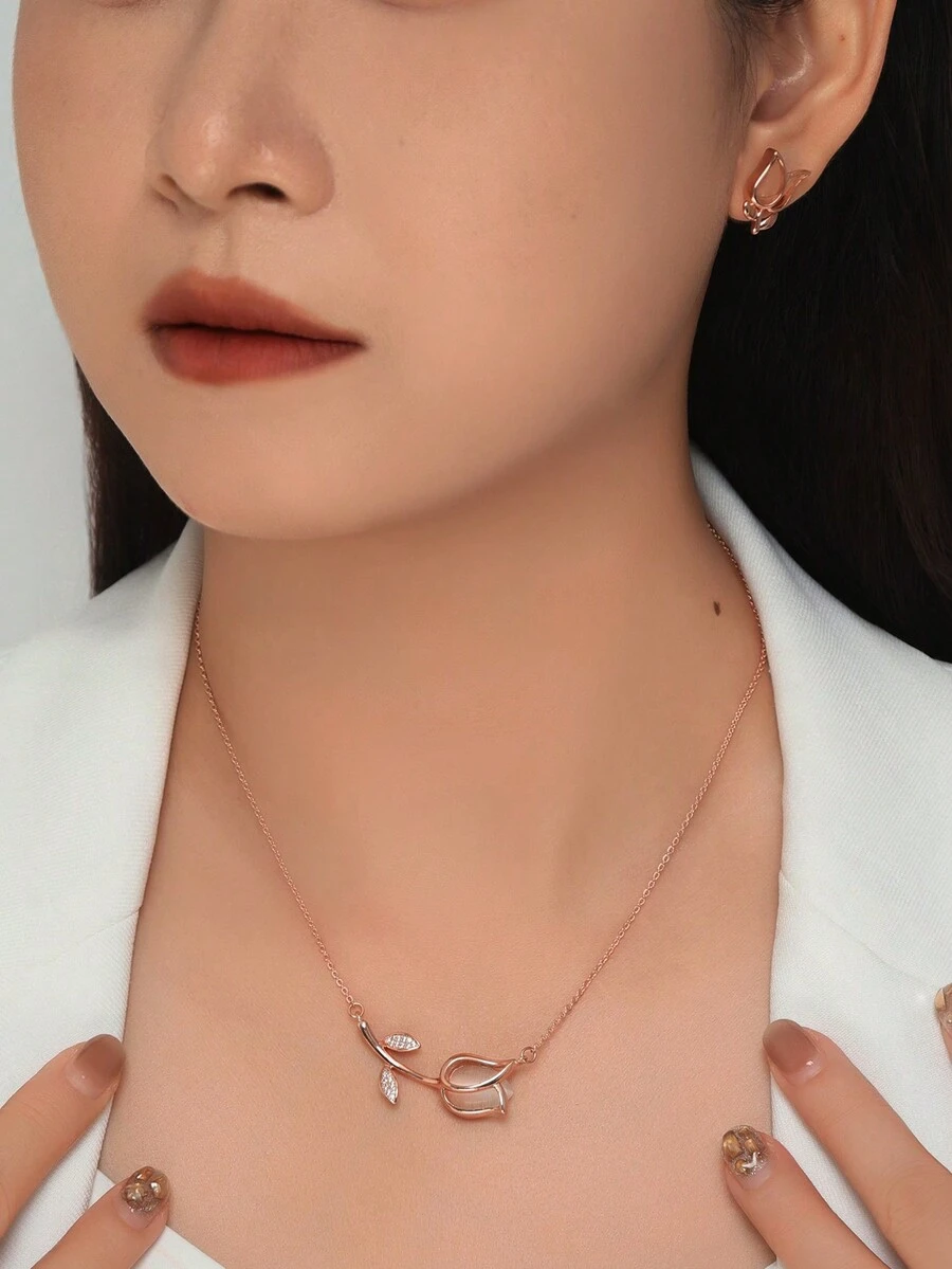 1 Set Fashionable Luxury Niche Design Tulip Flower Shaped Matching Necklace And Earrings Jewelry Set, Versatile For Daily Commute - Rose Gold - View 1