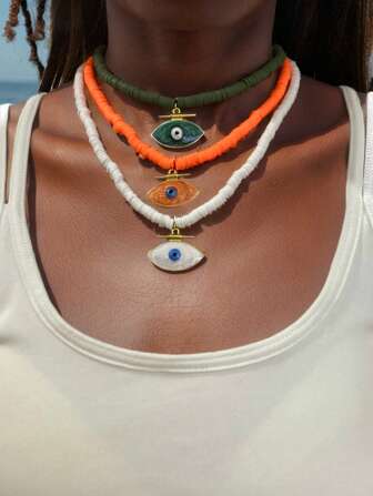 Justerbar Chunky Chain Beach Sommar Färgglada Shell Pärlor Vintage Flerlagers hänge Evil Eye Halsband För Kvinnor Moon Star Charm Choker Halsband Boho Mode Smycken Present