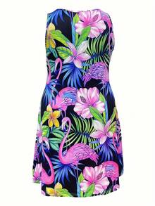 大码花卉和火烈鸟印花圆领休闲度假中长连衣裙，适合夏季 - 彩色 - 查看 3