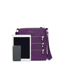 Women's Lightweight Nylon Crossbody Bag With Multiple Zipper Pockets, Envelope Purse - Purple - View 6