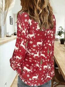 Popular Christmas Print Button-Up Long Sleeve Casual Fashionable Versatile Shirt - Red - View 2