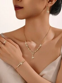 Juego de joyería de 5 piezas chapado en oro de 14K para mujeres, incluye collar, aretes, pulsera, anillo, diseño de gota, adecuado para novia, boda, fiesta, celebración, regalo para amigos