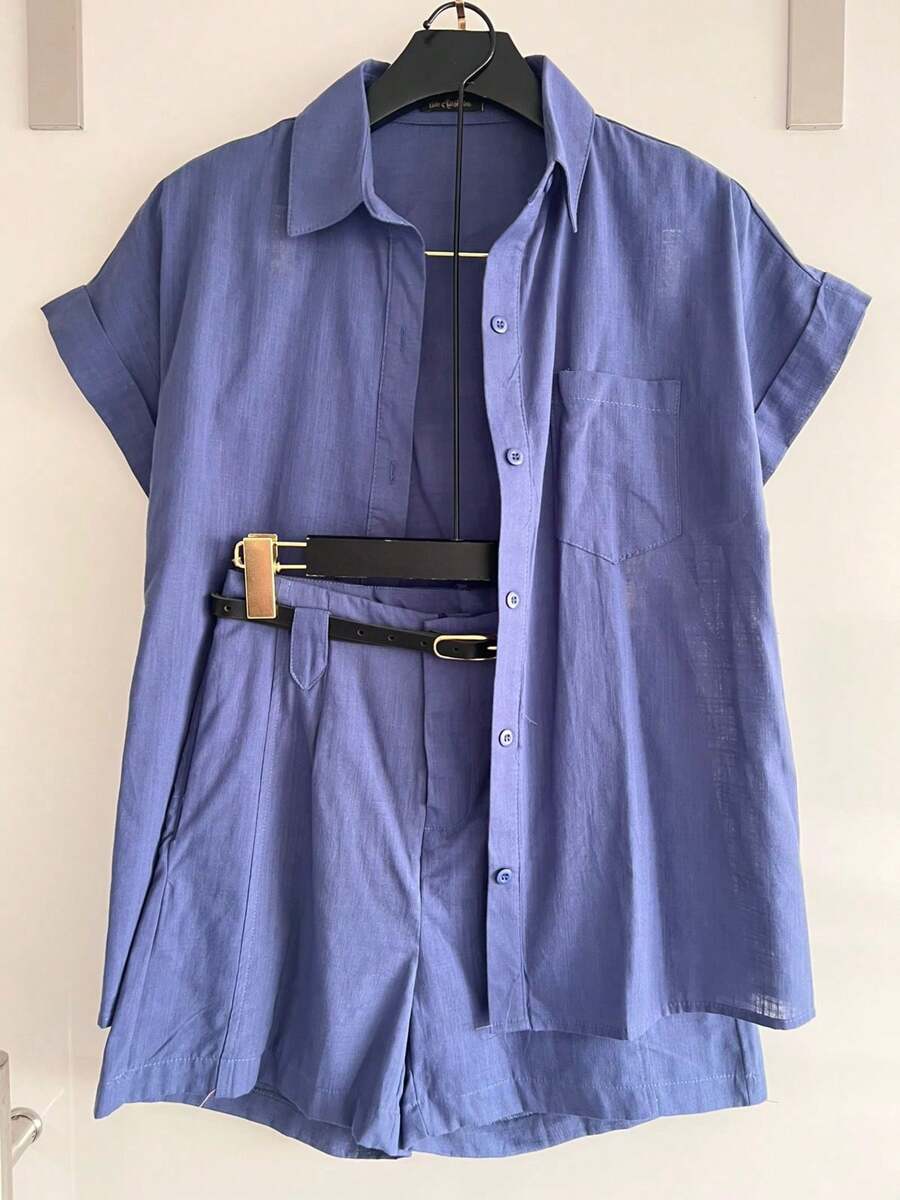 ISA FASHION Set Shirt + 100% Cotton Linen Shorts/Button/Zipper/Belt/Pocket/Lining/Feminine - 藏蓝色 - 查看 1