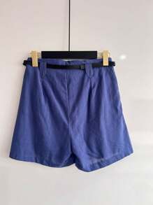 ISA FASHION Set Shirt + 100% Cotton Linen Shorts/Button/Zipper/Belt/Pocket/Lining/Feminine - 藏蓝色 - 查看 3