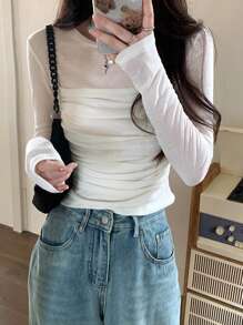 Spring Casual Plain Color Ruched Slim-Fit Long Sleeve T-Shirt White - White - View 1