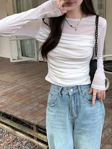 Spring Casual Plain Color Ruched Slim-Fit Long Sleeve T-Shirt White - White - View 2