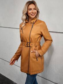 Giolshon 女士 PU 夹克，带可拆卸仿皮草领，秋冬保暖 - 黃色 - 查看 7