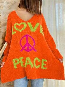 Women's Plus Size V-Neck Daily Letter Loose Knitted Long-Sleeved Pullover Sweater - Orange - View 2